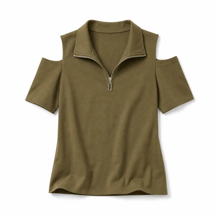 Kaylee V-Neck Zipper Tee - Color:Mocha;Size:XS