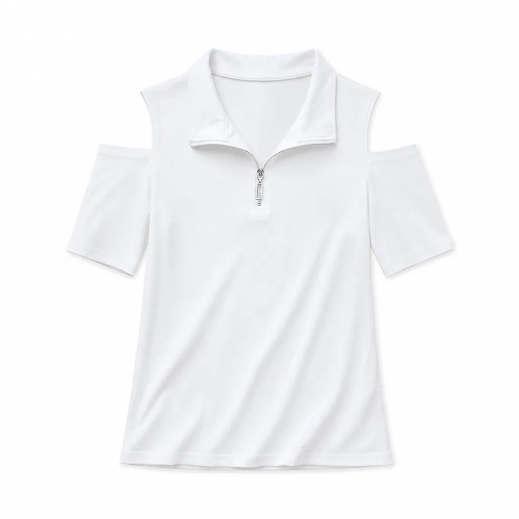 Kaylee V-Neck Zipper Tee - Color:White;Size:XS