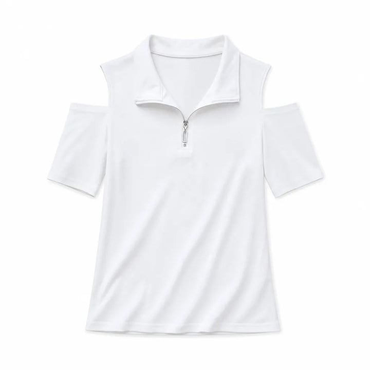 Kaylee V-Neck Zipper Tee - Color:White;Size:XS