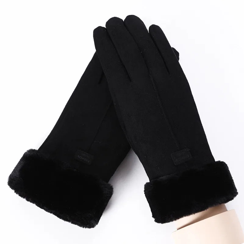 Kiana | Women's Winter Suede Gloves  - Color:Black;Size:One Size