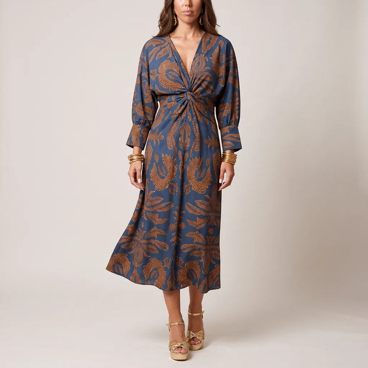 Kira Printed Midi Dress - Color:Blue;Size:S