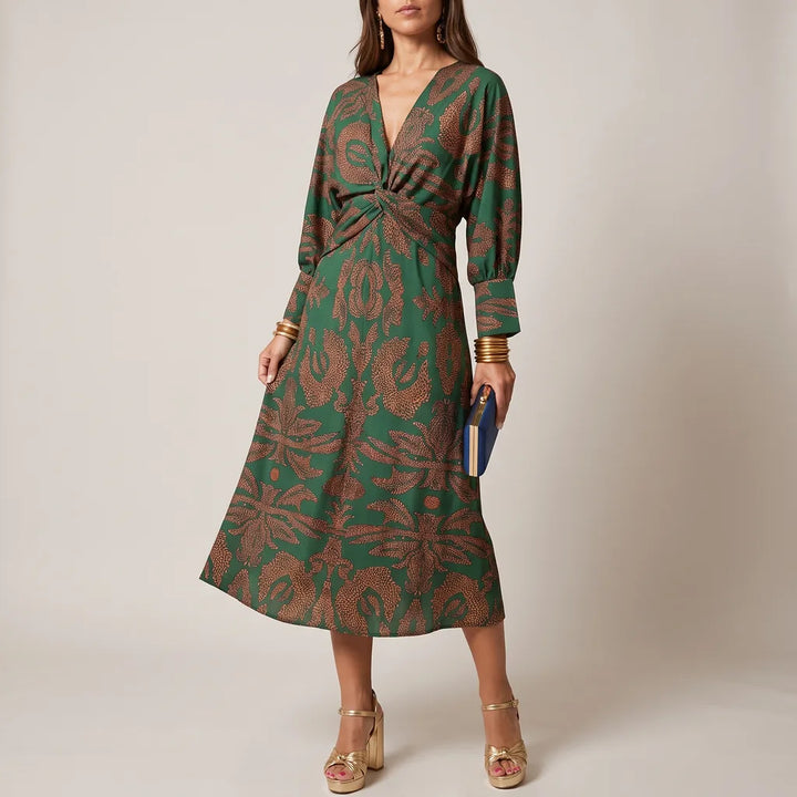 Kira Printed Midi Dress - Color:Green;Size:S