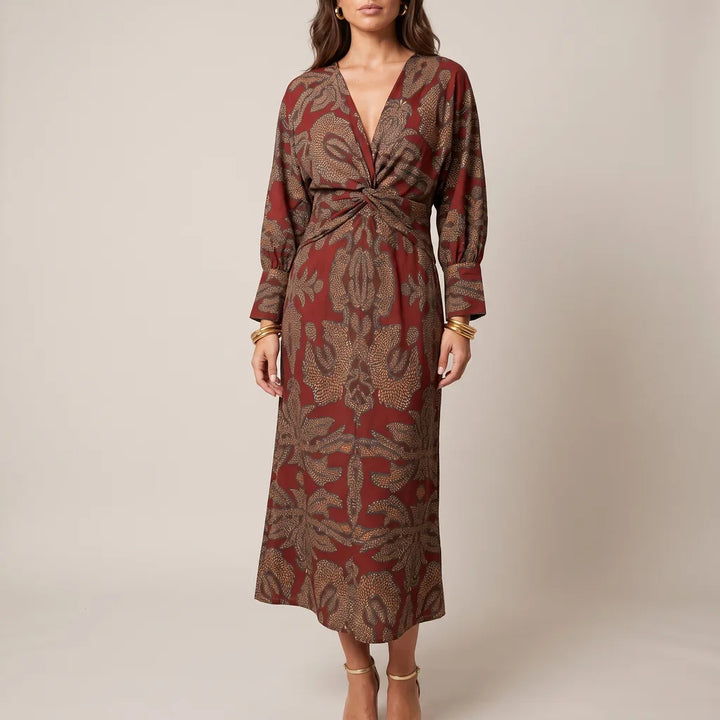 Kira Printed Midi Dress - Color:Red;Size:S
