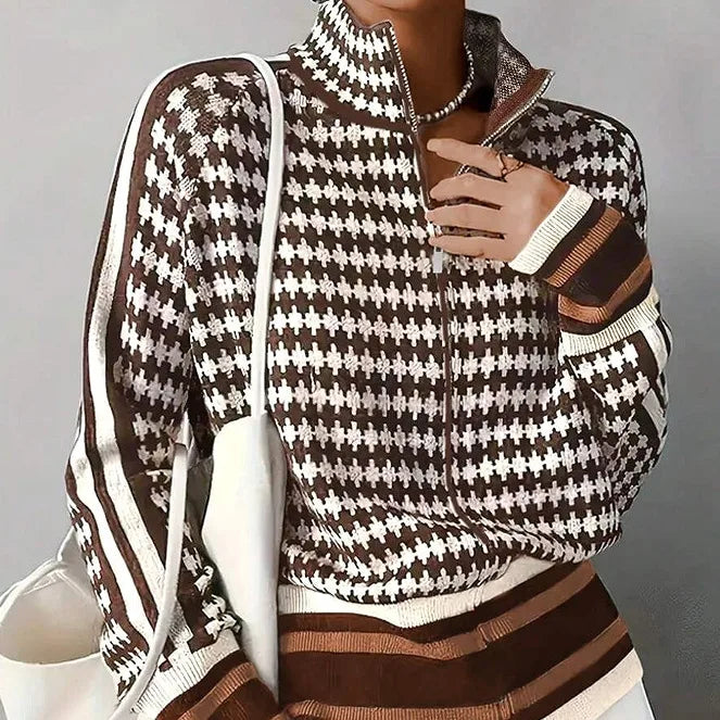 Kira | Women's Luxury Zip-Up Cardigan  - Color:Brown & White;Size:XS