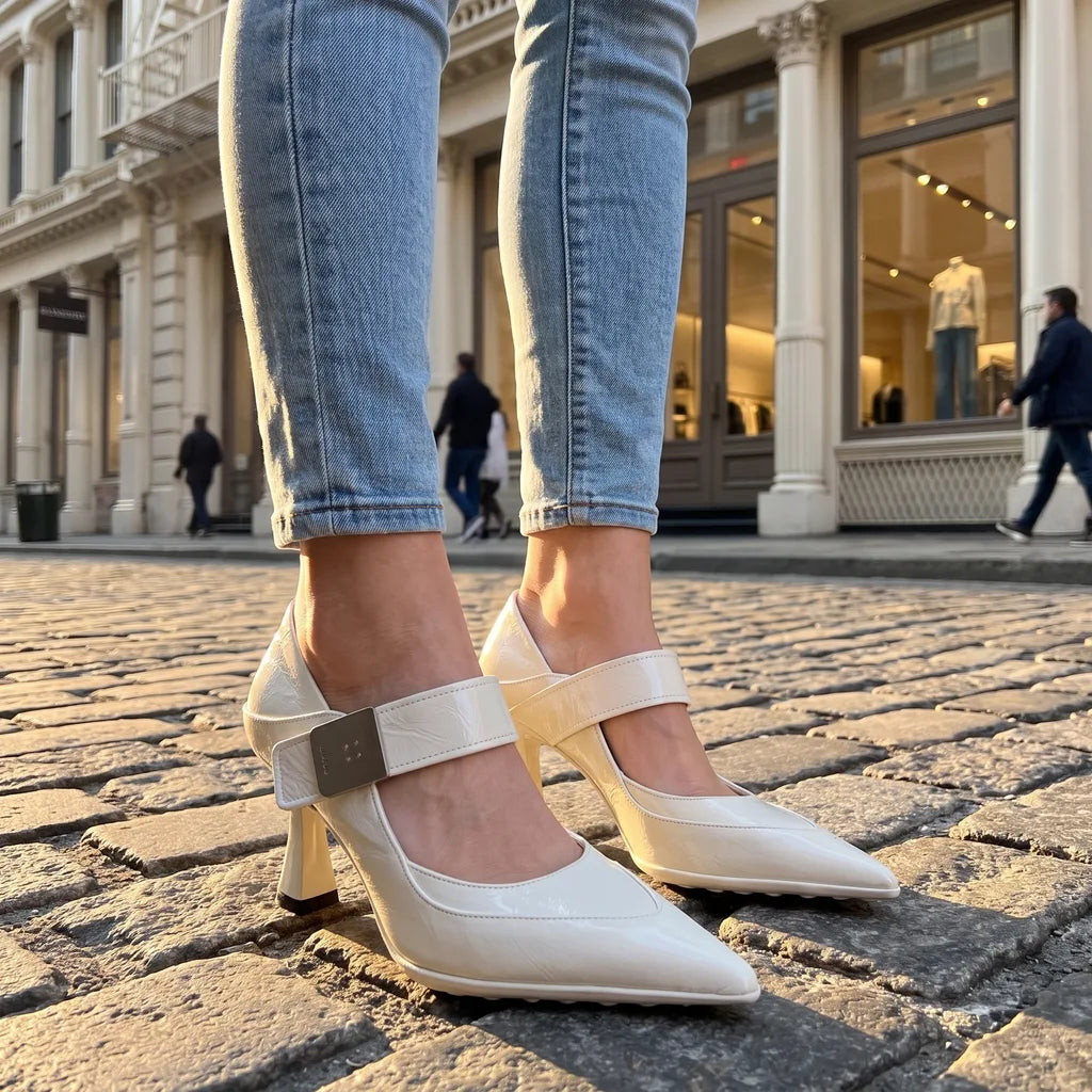 Women's White Sterling Pointed Buckle Pumps