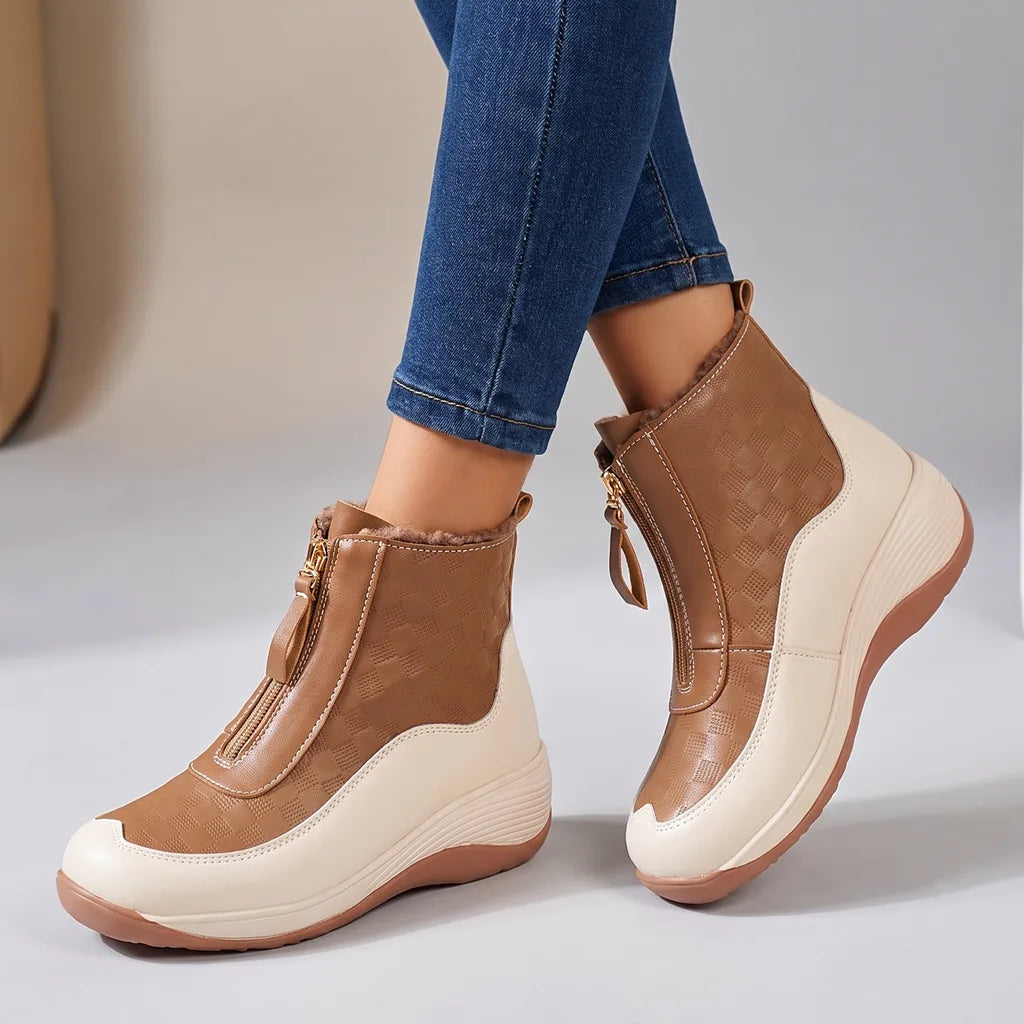 Kylie | Women's Orthopedic Wedge Boots - Color:Beige/Brown Plush Lining;Size:35