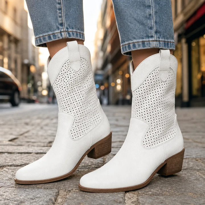 Women's White Landry Mid Heel Ankle Boots