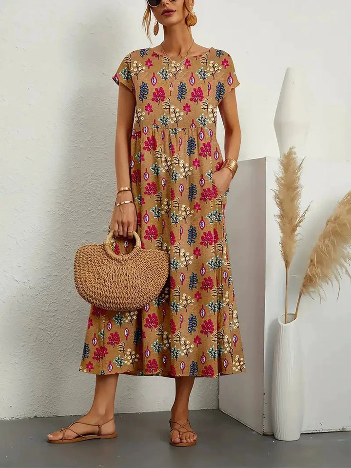 Larissa | Women's Floral Midi Dress  - Color:Brown;Size:S