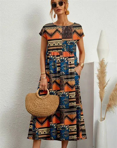 Larissa | Women's Floral Midi Dress  - Color:Orange;Size:S