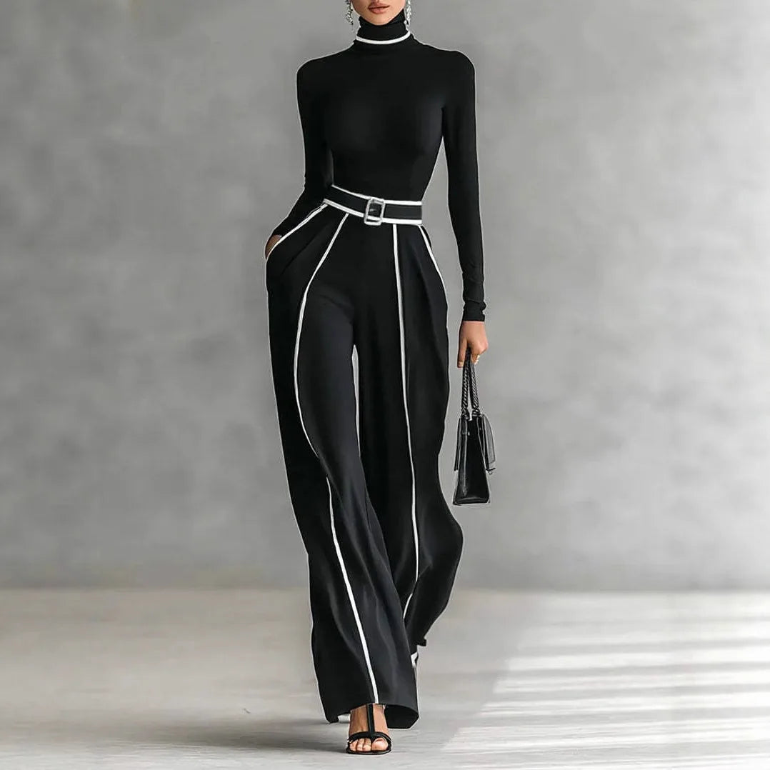 Laurent | Women's High-Neck Top and Wide-Leg Pants Set - Color:Black;Size:XXS