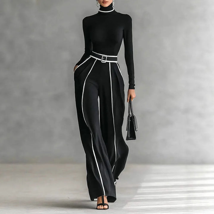 Laurent | Women's High-Neck Top and Wide-Leg Pants Set - Color:Black;Size:XXS