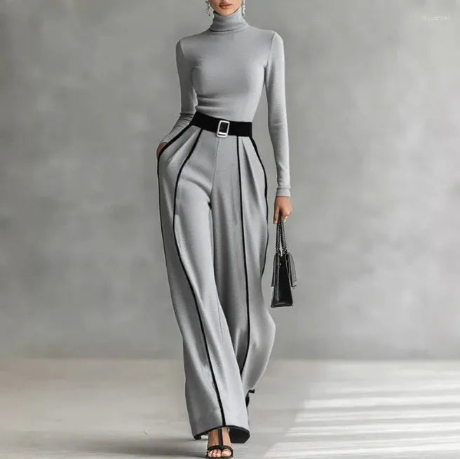 Laurent | Women's High-Neck Top and Wide-Leg Pants Set - Color:Gray;Size:XXS
