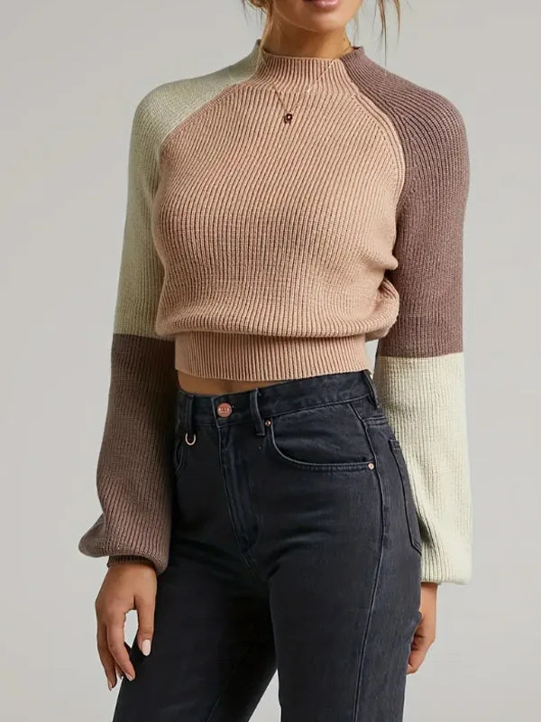 Layla | Women's Soft Knit Colorblock Sweater - Color:Khaki;Size:XS