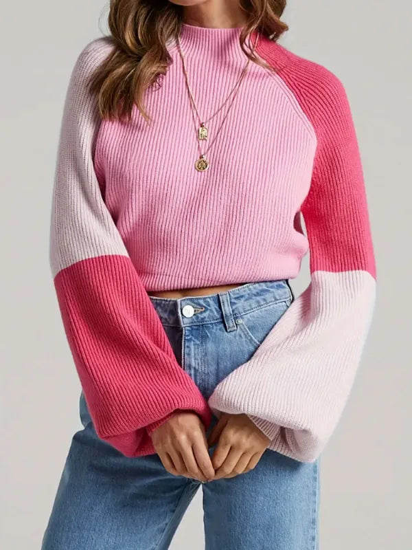 Layla | Women's Soft Knit Colorblock Sweater - Color:Pink;Size:XS