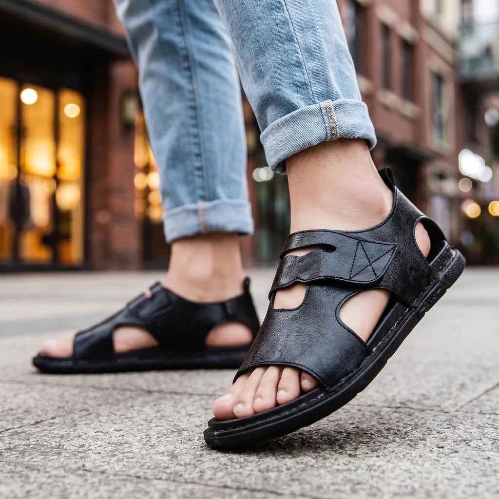 Men's Black Bloom Open Toe Sandals