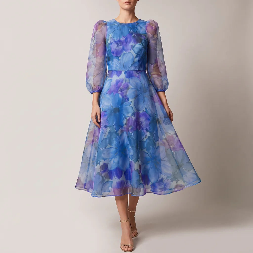 Leia Puff Sleeve Dress - Color:Blue;Size:XS