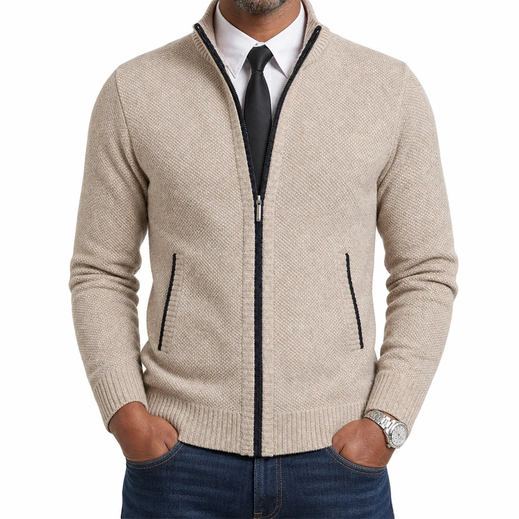 Leland | Men's Fall Zip-Up Cardigan Knit Sweater - Color:Beige;Size:S