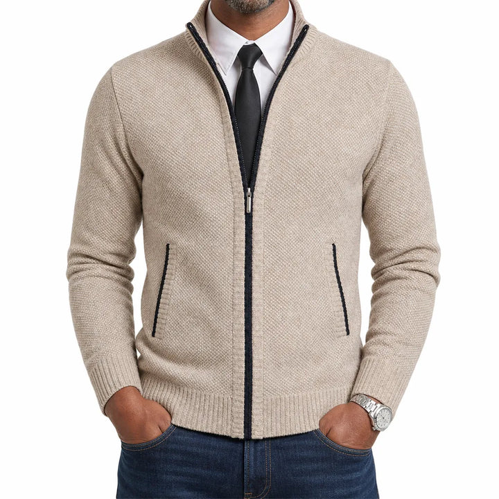 Leland | Men's Fall Zip-Up Cardigan Knit Sweater - Color:Beige;Size:S