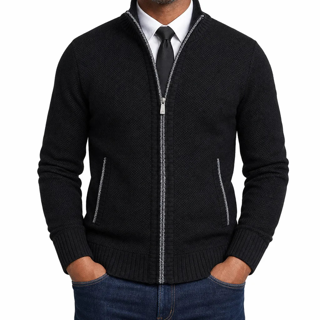 Leland | Men's Fall Zip-Up Cardigan Knit Sweater - Color:Black;Size:S