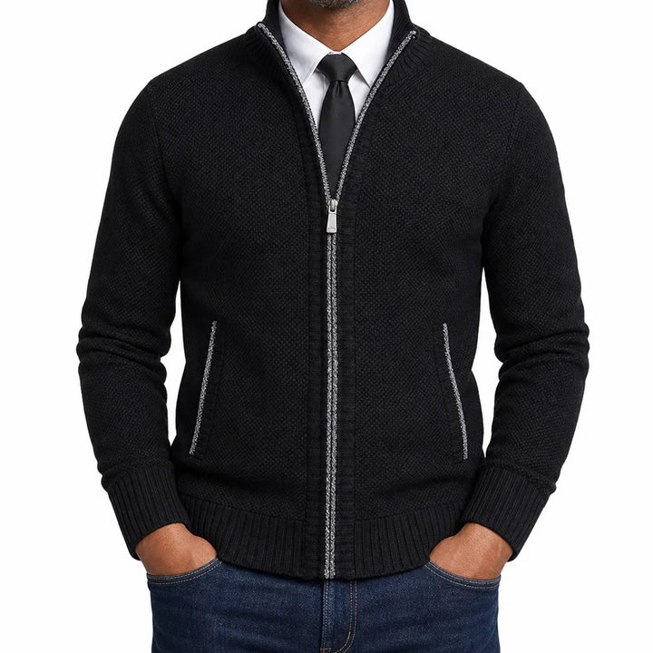 Leland | Men's Fall Zip-Up Cardigan Knit Sweater - Color:Black;Size:S
