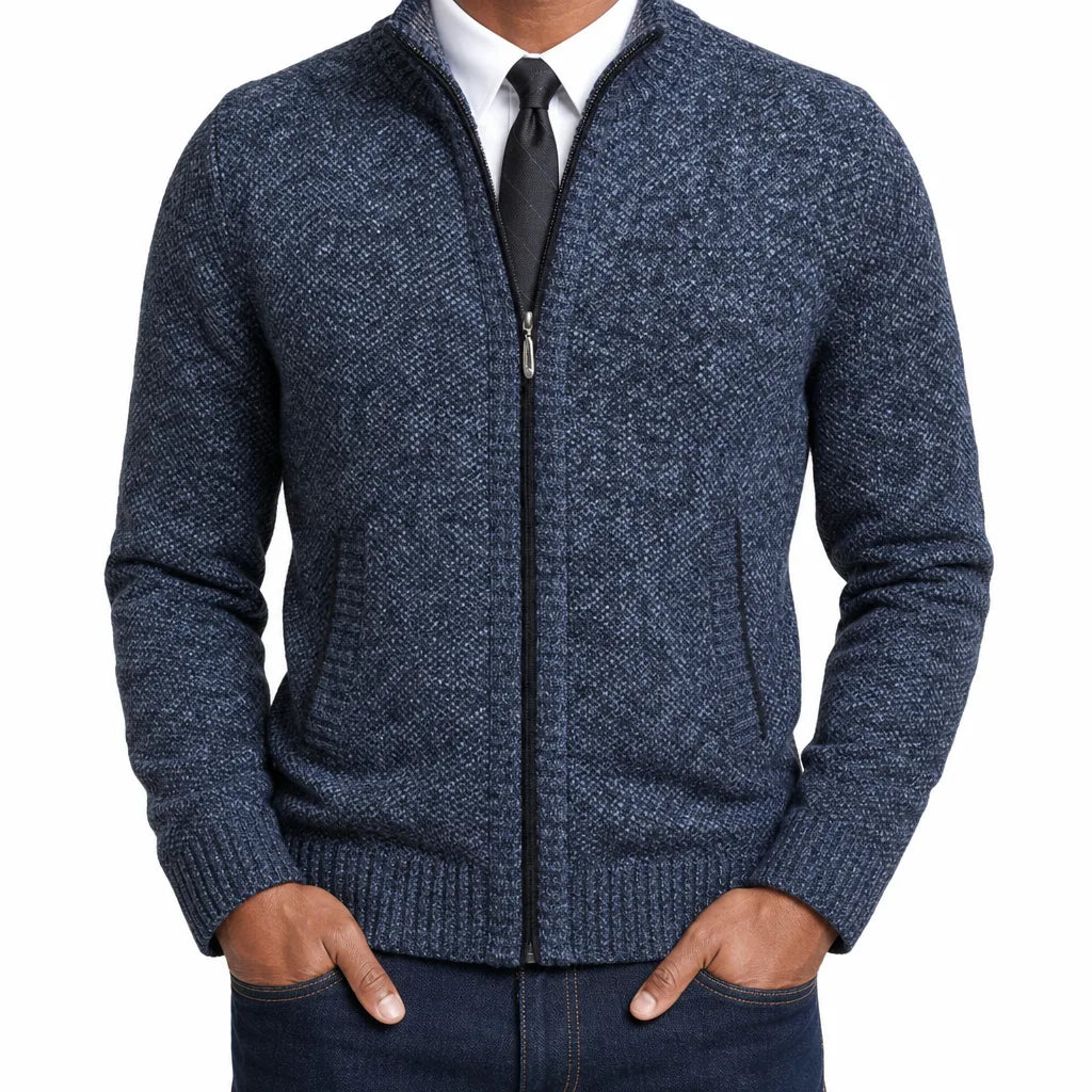 Leland | Men's Fall Zip-Up Cardigan Knit Sweater - Color:Blue;Size:S
