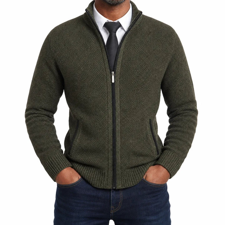 Leland | Men's Fall Zip-Up Cardigan Knit Sweater - Color:Green;Size:S