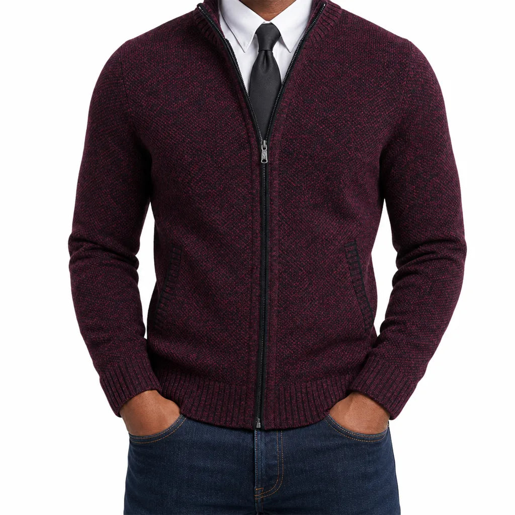 Leland | Men's Fall Zip-Up Cardigan Knit Sweater - Color:Red;Size:S