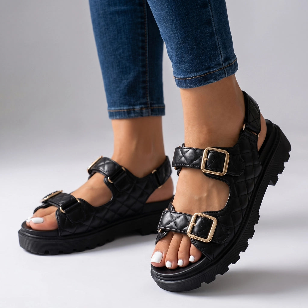 Lena Quilted Sandals - Color:Black;Size:36