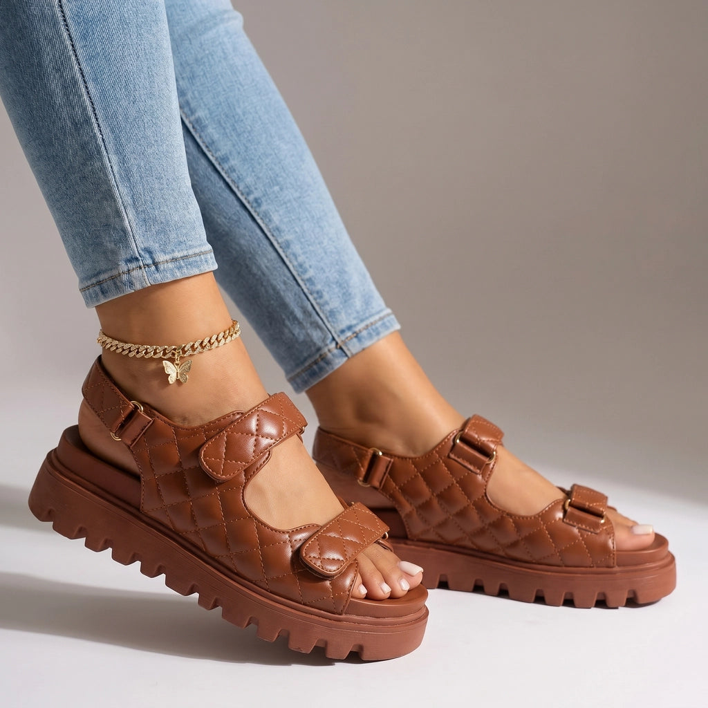 Lena Quilted Sandals - Color:Dark Brown;Size:36
