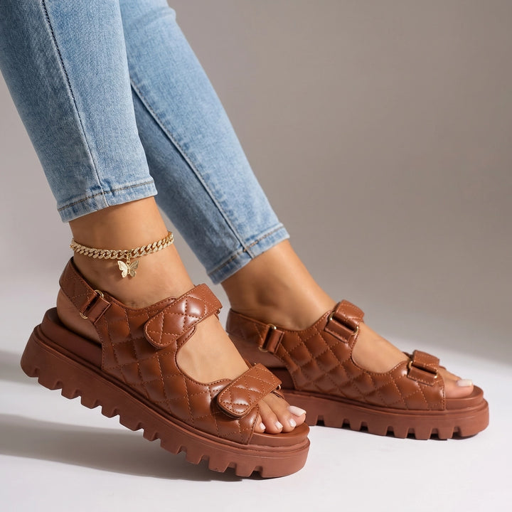 Lena Quilted Sandals - Color:Dark Brown;Size:36