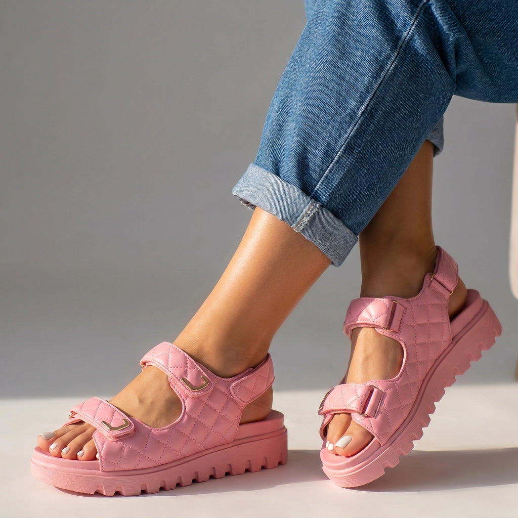 Lena Quilted Sandals - Color:Pink;Size:36