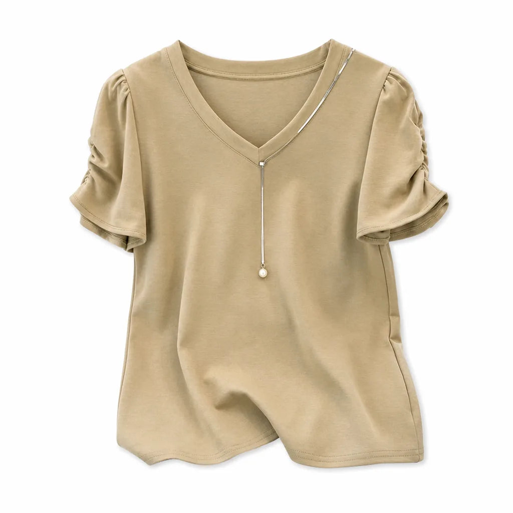 Leona Puff Sleeve Top - Color:Khaki;Size:XS