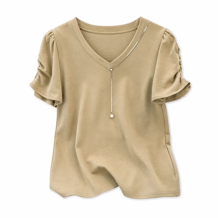 Leona Puff Sleeve Top - Color:Khaki;Size:XS
