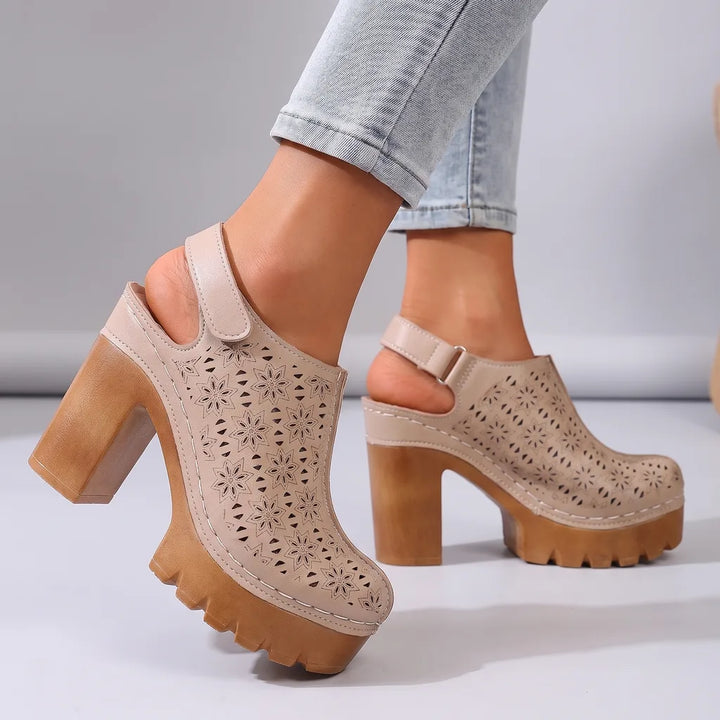 Liana Cutout Clog Heels - Color:Beige;Size:36