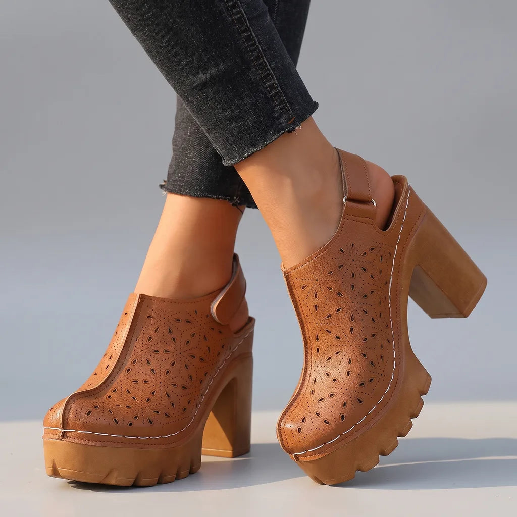 Liana Cutout Clog Heels - Color:Brown;Size:36