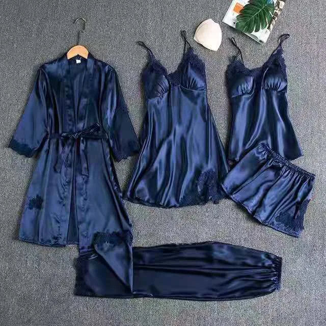 Liberty | Women's Elegant Five-Piece Pajama Set - Color:Blue;Size:XS