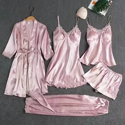 Liberty | Women's Elegant Five-Piece Pajama Set - Color:Pink;Size:XS