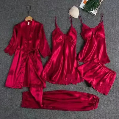 Liberty | Women's Elegant Five-Piece Pajama Set - Color:Red;Size:XS
