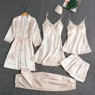 Liberty | Women's Elegant Five-Piece Pajama Set - Color:White Gold;Size:XS