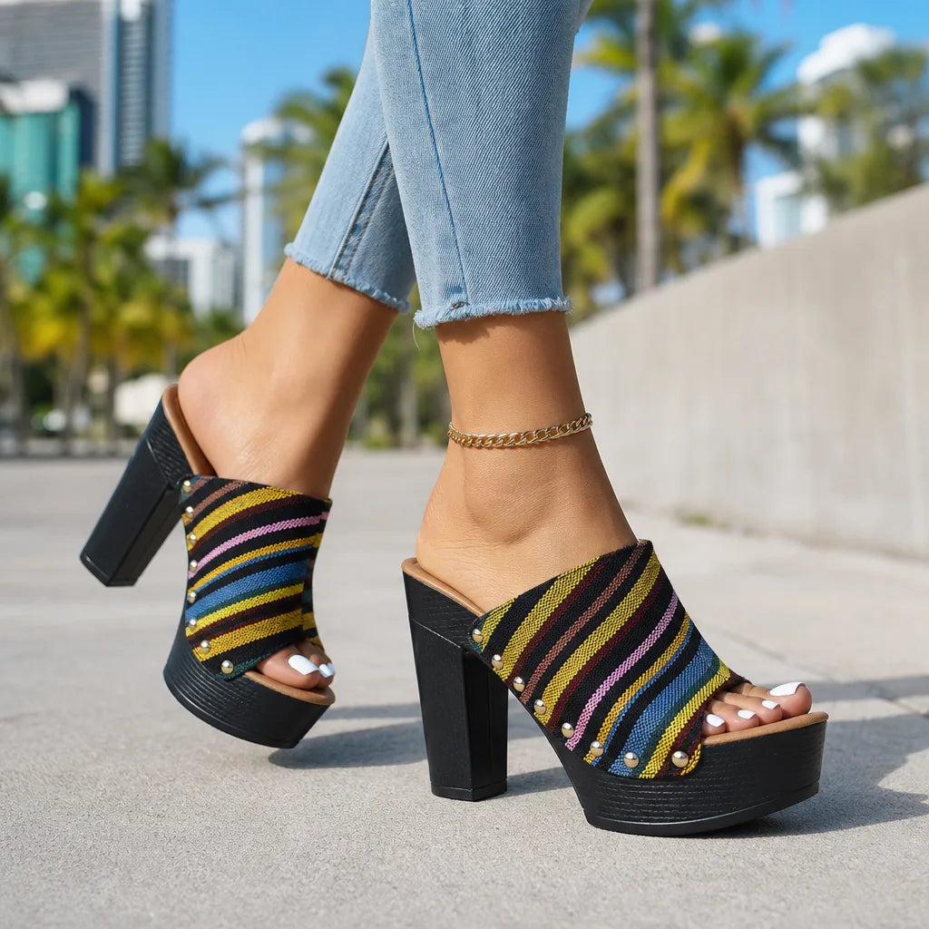 Women's Black Gatsby Striped Platform Mules
