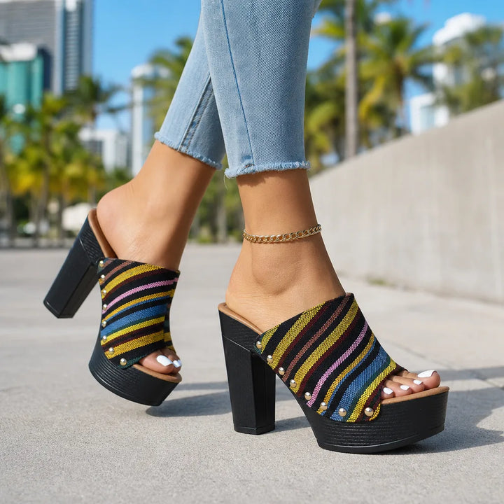 Women's Black Gatsby Striped Platform Mules