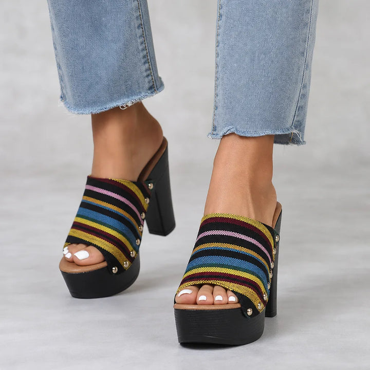 Women's Black Gatsby Striped Platform Mules