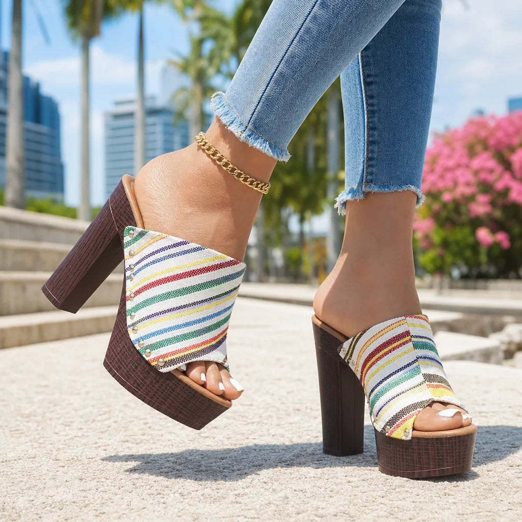 Women's White Gatsby Striped Platform Mules