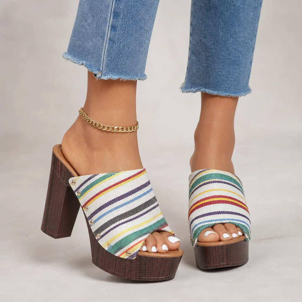 Women's White Gatsby Striped Platform Mules