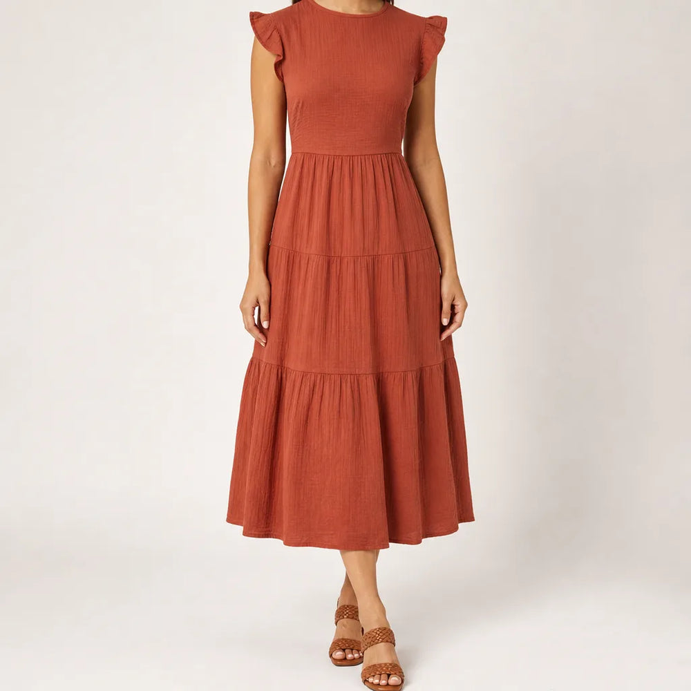 Linnet | Stylish Tiered Sleeveless Dress - Color:Orange;Size:XS