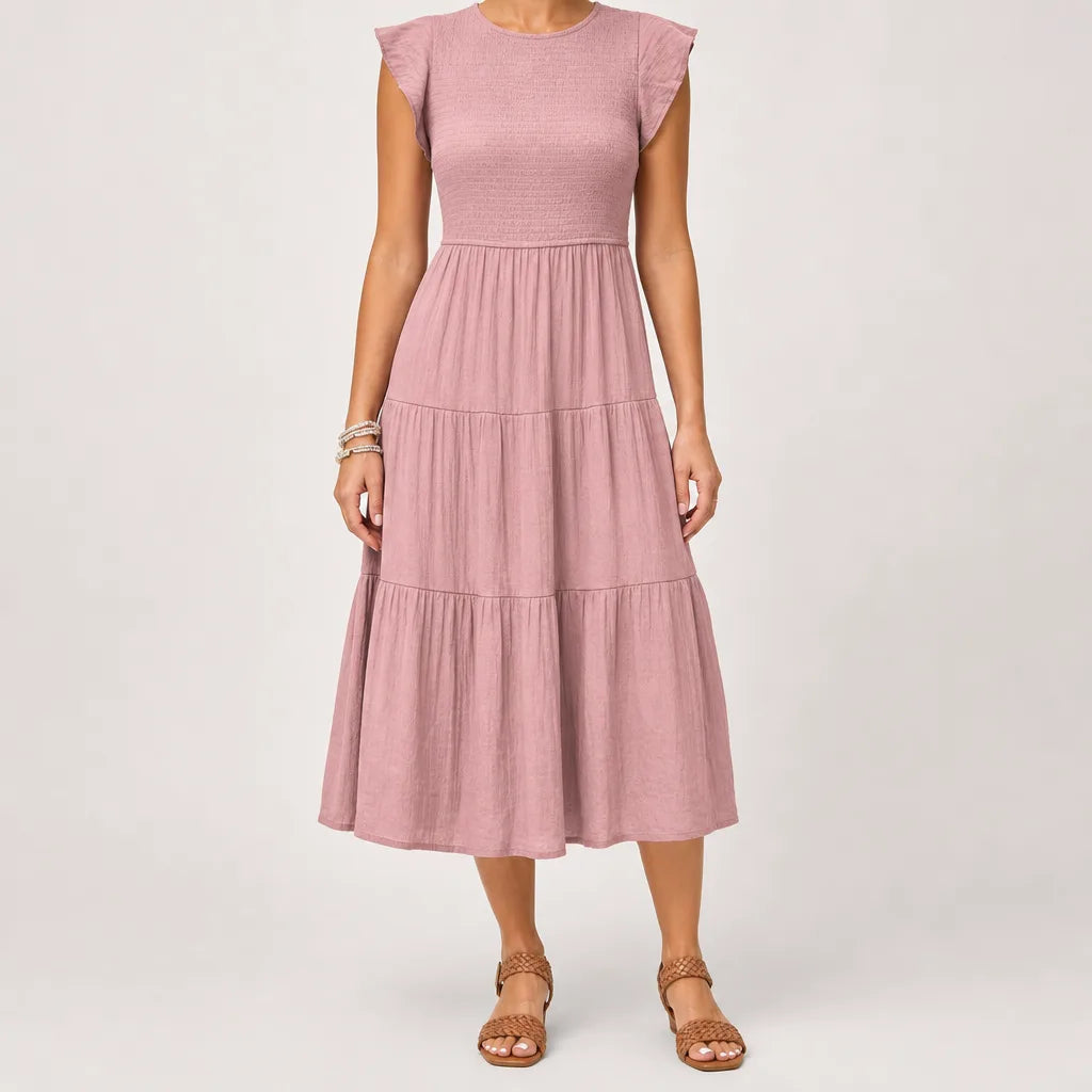 Linnet | Stylish Tiered Sleeveless Dress - Color:Pink;Size:XS