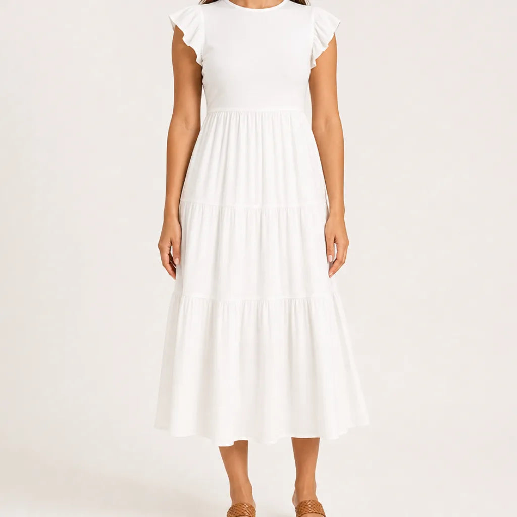 Linnet | Stylish Tiered Sleeveless Dress - Color:White;Size:XS