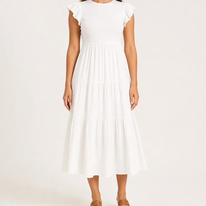 Linnet | Stylish Tiered Sleeveless Dress - Color:White;Size:XS