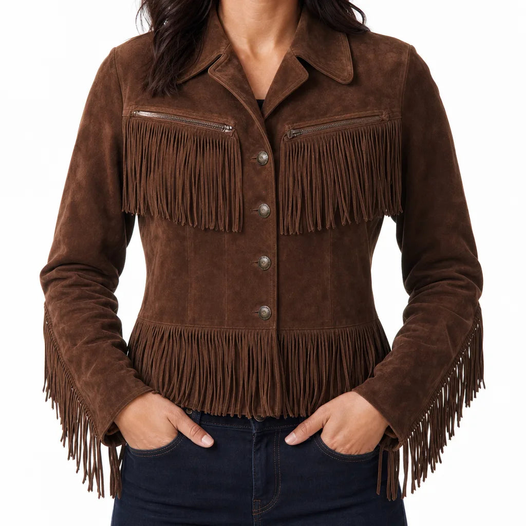 Lisa | Women's Fringe Western Jacket  - Color:Dark Brown;Size:XS