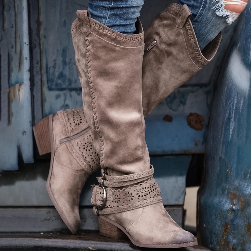 Lisa | Women's Knee High Western Boots  - Color:Brown;Size:34